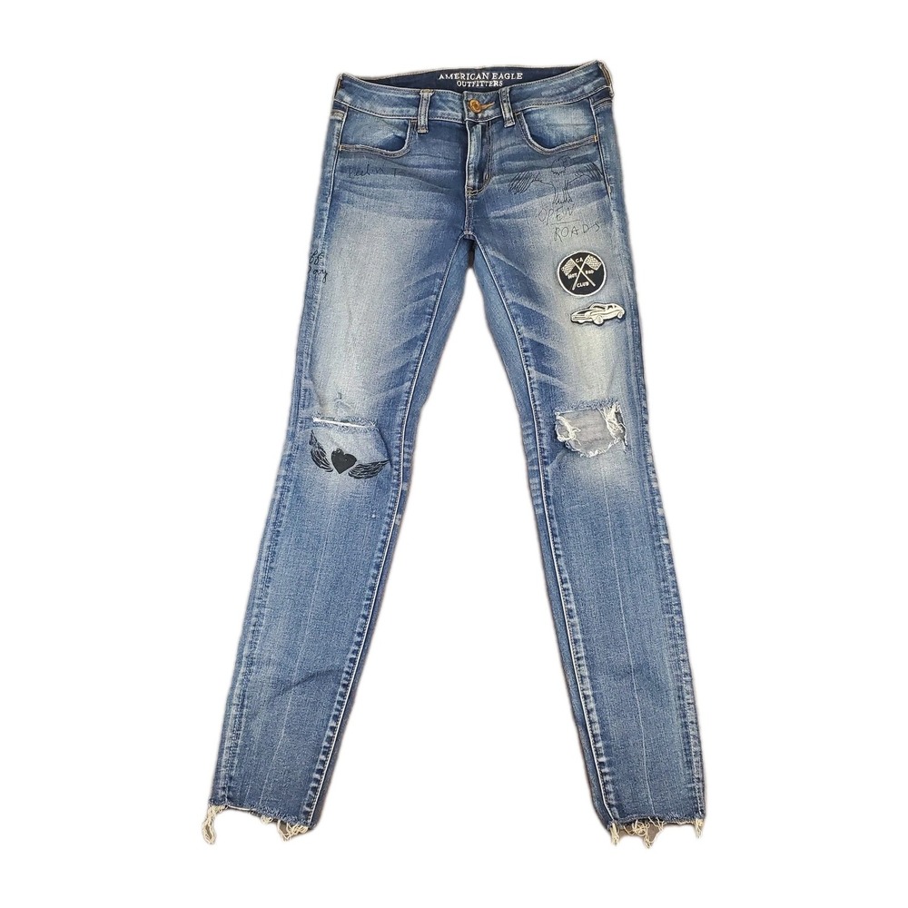 American Eagle Womens Jegging Hot Rod Super Stretch Car Patch Distressed Jeans 4